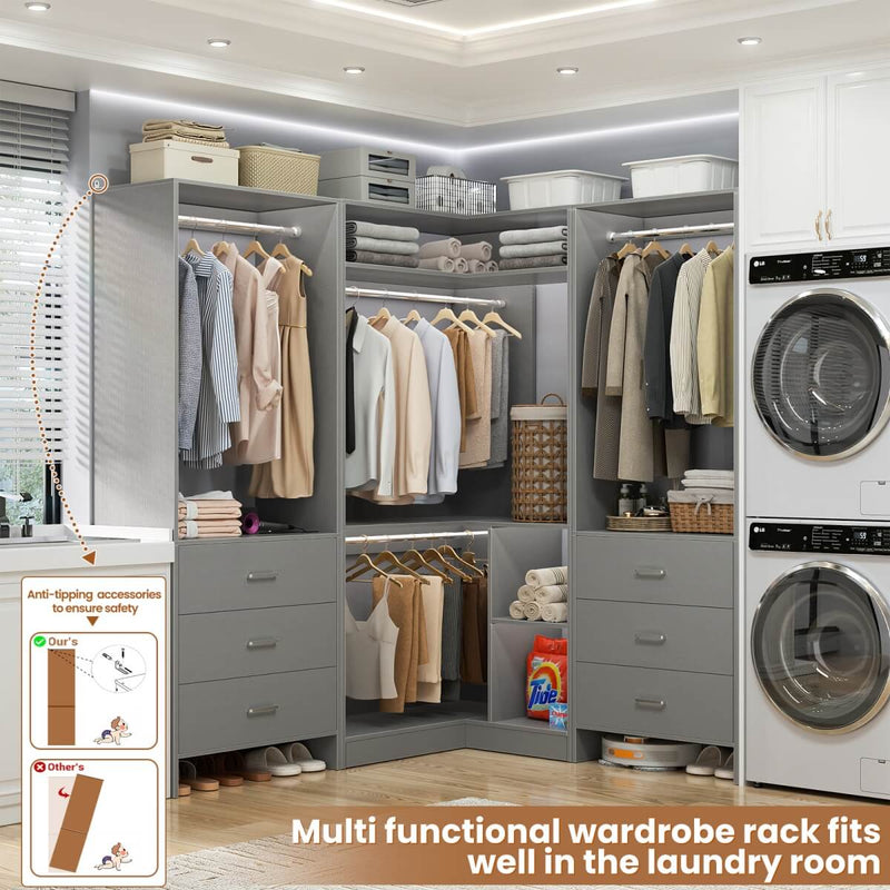 81'' Closet System with 6 Drawers, 4 Hanging Rods & Corner Tower, Set of 3