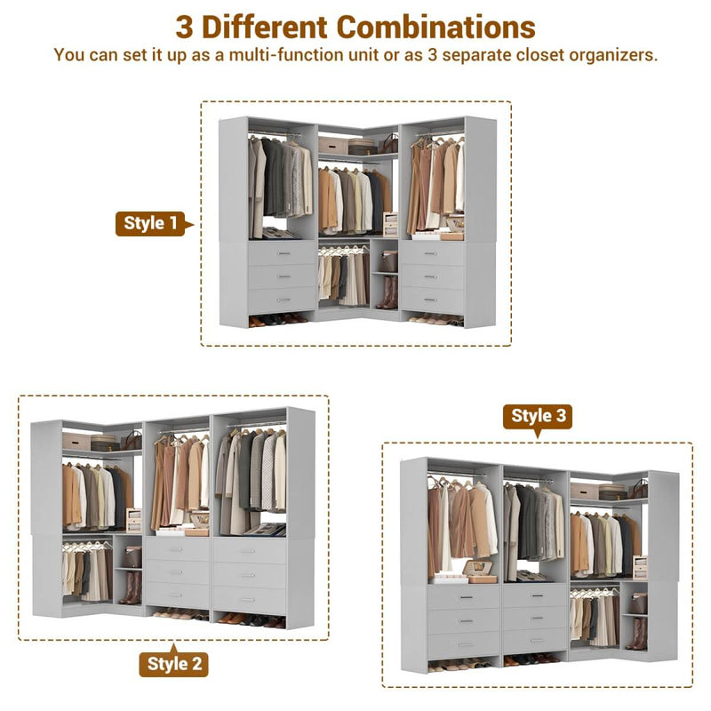 81'' Closet System with 6 Drawers, 4 Hanging Rods & Corner Tower, Set of 3