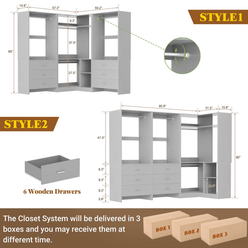 81'' Closet System with 6 Drawers, 4 Hanging Rods & Corner Tower, Set of 3