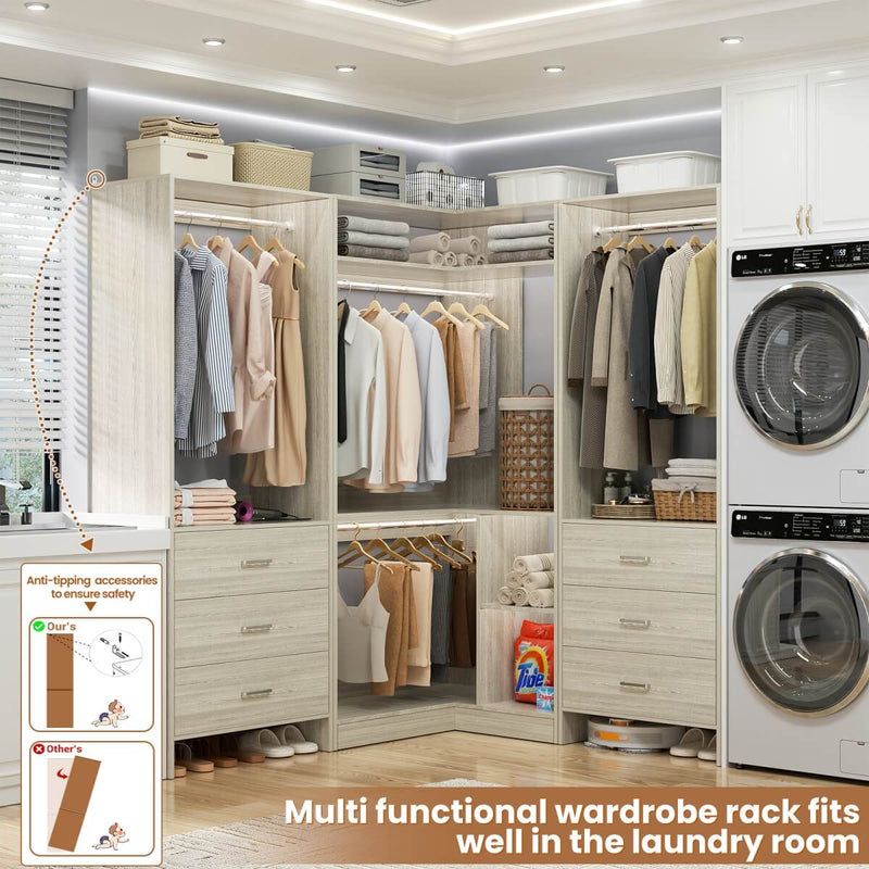 81'' Closet System with 6 Drawers, 4 Hanging Rods & Corner Tower, Set of 3