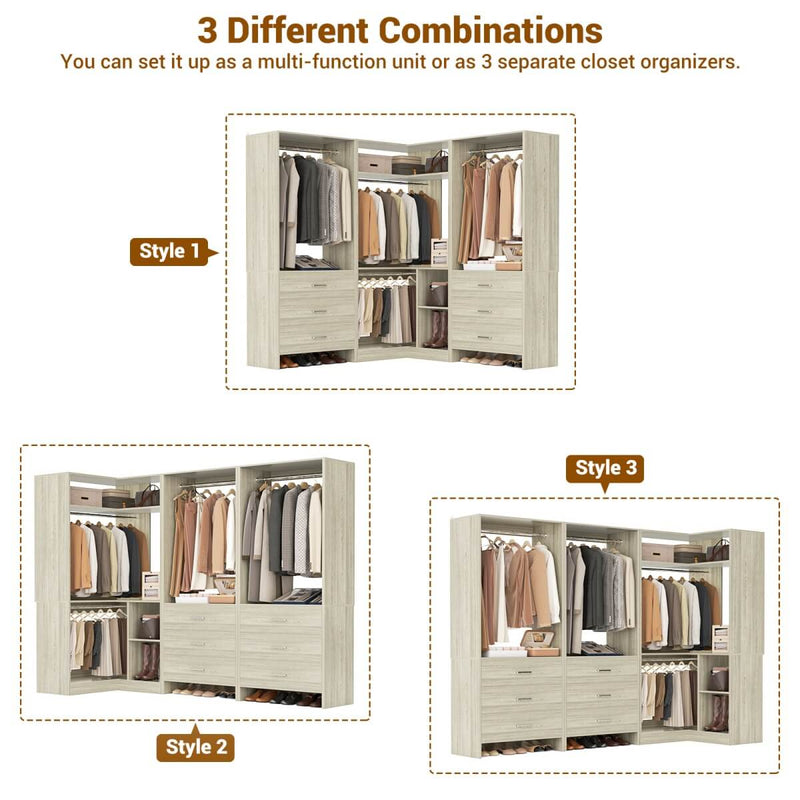 81'' Closet System with 6 Drawers, 4 Hanging Rods & Corner Tower, Set of 3