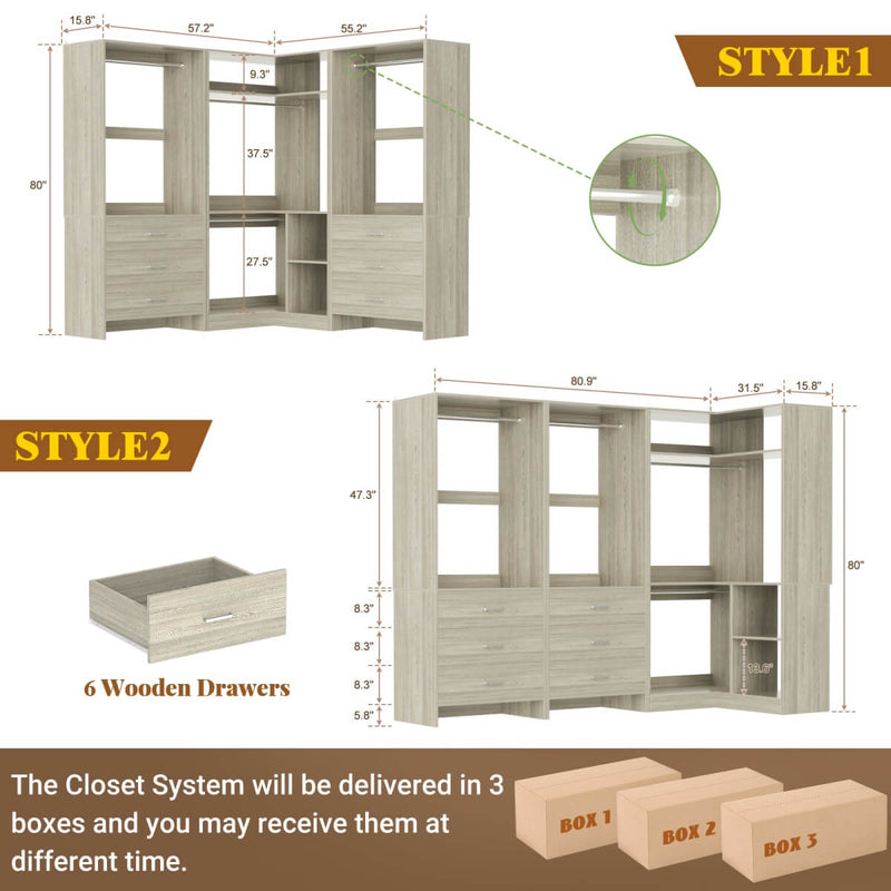 81'' Closet System with 6 Drawers, 4 Hanging Rods & Corner Tower, Set of 3