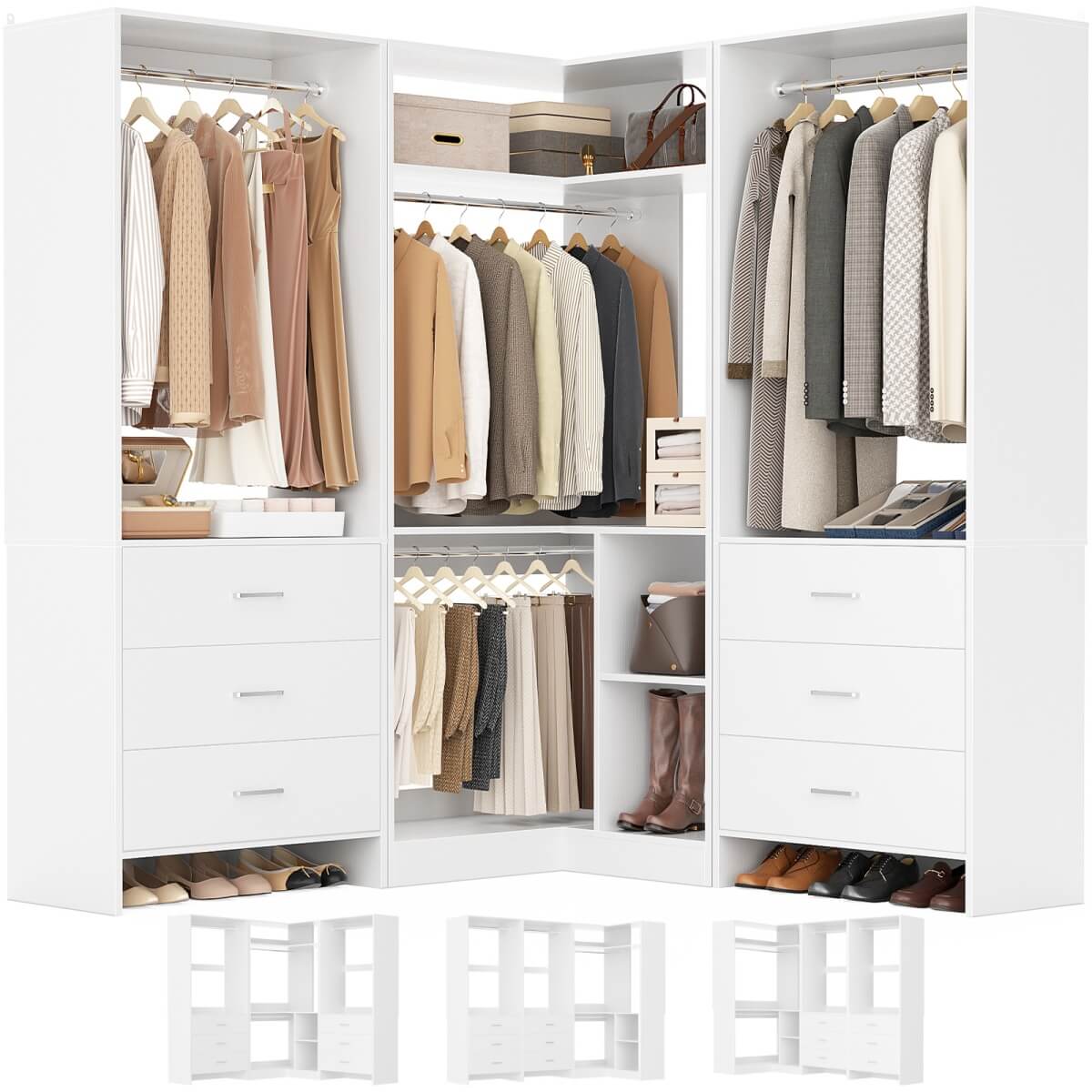 Aheaplus 81'' Closet System with 6 Drawers, 4 Hanging Rods