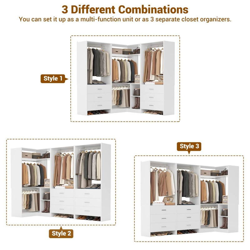 81'' Closet System with 6 Drawers, 4 Hanging Rods & Corner Tower, Set of 3
