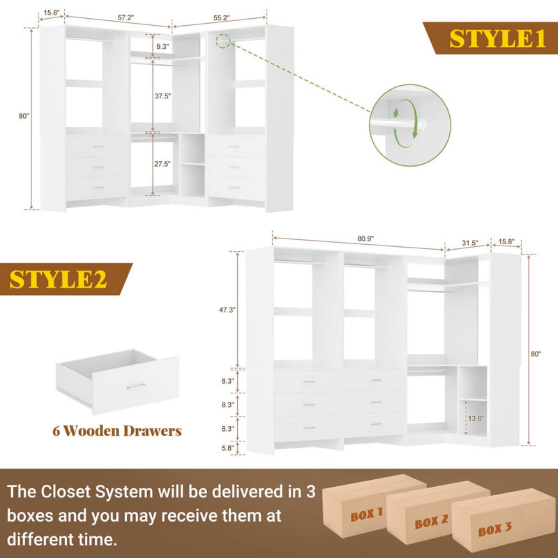 81'' Closet System with 6 Drawers, 4 Hanging Rods & Corner Tower, Set of 3