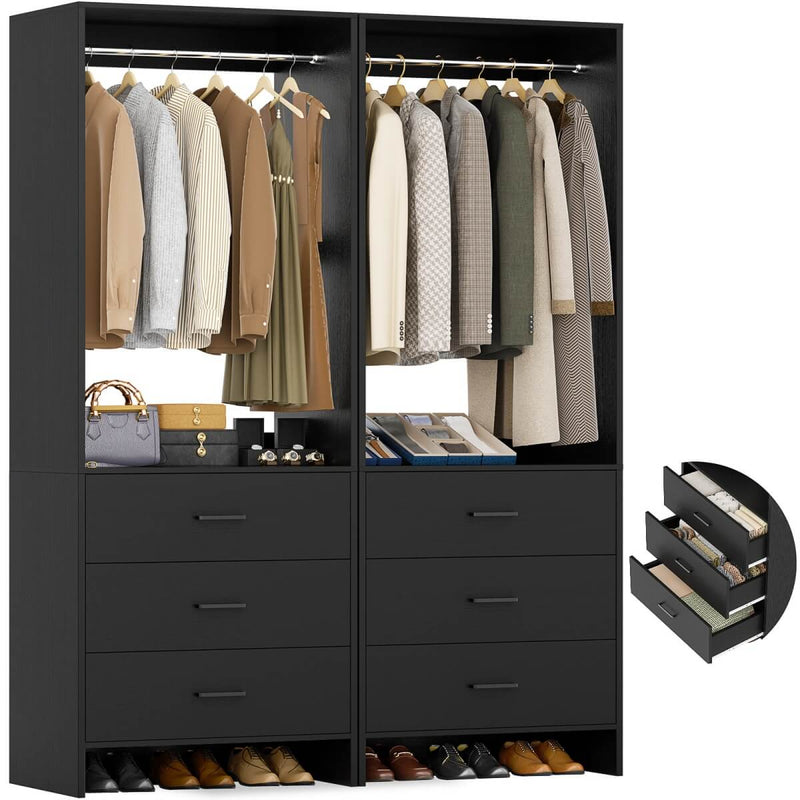 4FT Wardrobe Closet System Bundle with 6 Drawers and 2 Hanging Rods, Set of 2