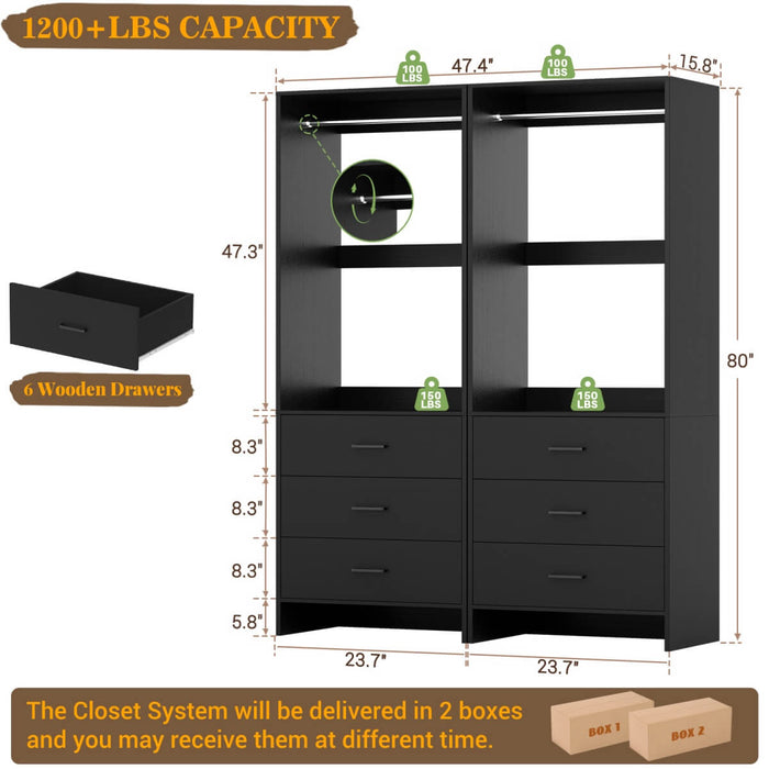 4FT Wardrobe Closet System Bundle with 6 Drawers and 2 Hanging Rods, Set of 2