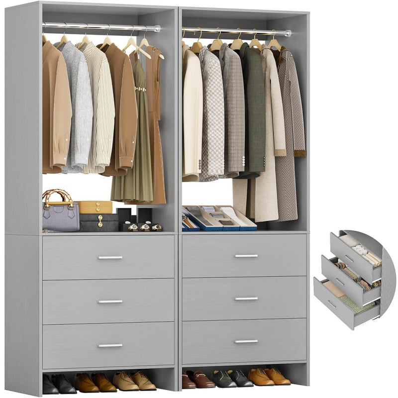 4FT Wardrobe Closet System Bundle with 6 Drawers and 2 Hanging Rods, Set of 2