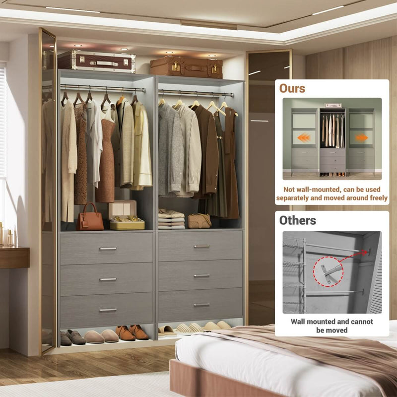 4FT Wardrobe Closet System Bundle with 6 Drawers and 2 Hanging Rods, Set of 2