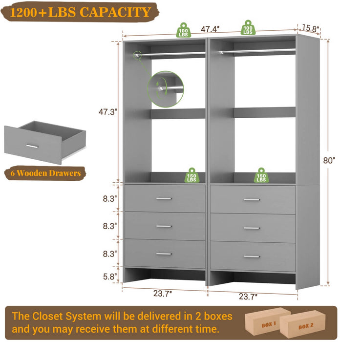 4FT Wardrobe Closet System Bundle with 6 Drawers and 2 Hanging Rods, Set of 2