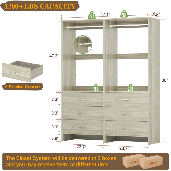 4FT Wardrobe Closet System Bundle with 6 Drawers and 2 Hanging Rods, Set of 2