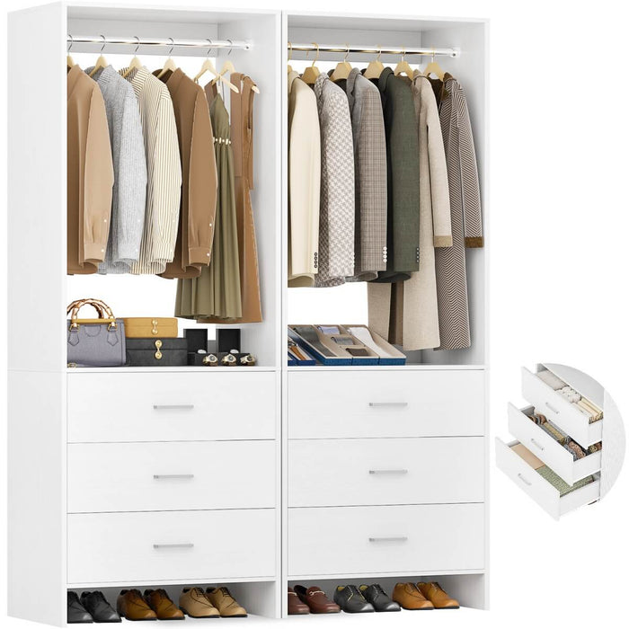 4FT Wardrobe Closet System Bundle with 6 Drawers and 2 Hanging Rods, Set of 2