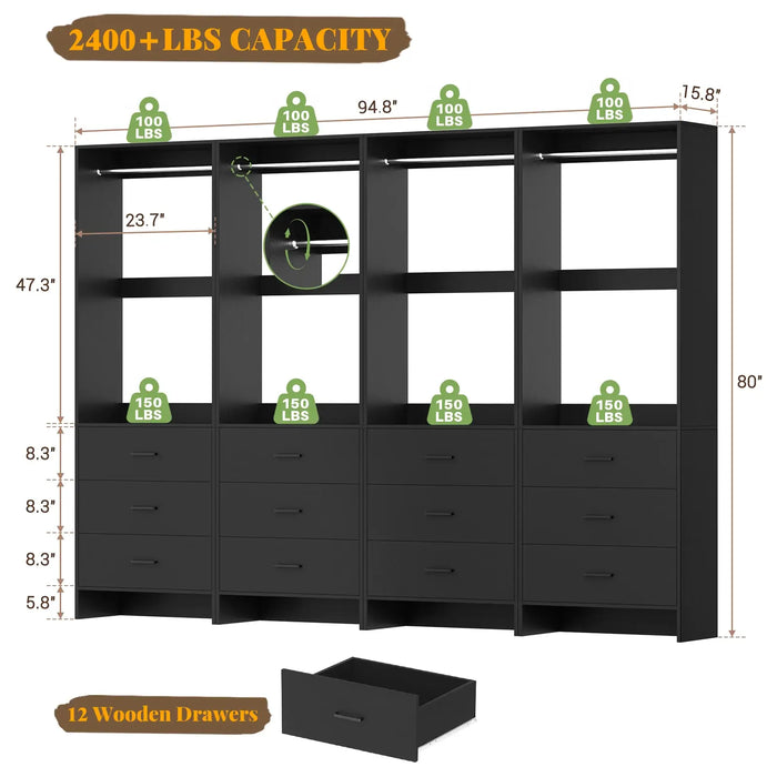 8FT Wooden Walk in Closet Organizer System with 12 Drawers and 4 Hanging Rods