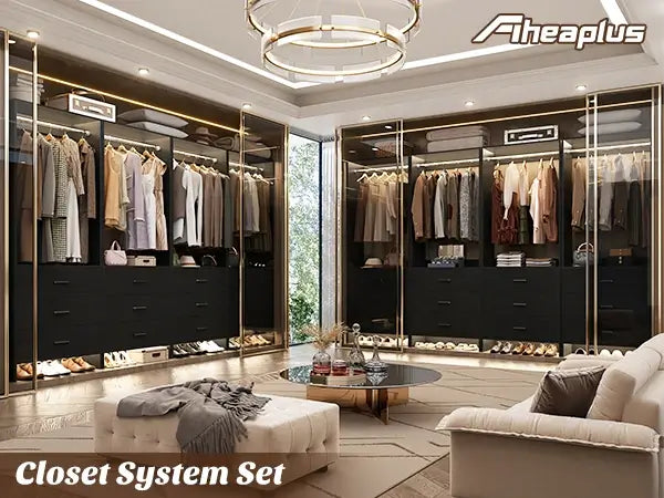 8FT Wooden Walk in Closet Organizer System with 12 Drawers and 4 Hanging Rods