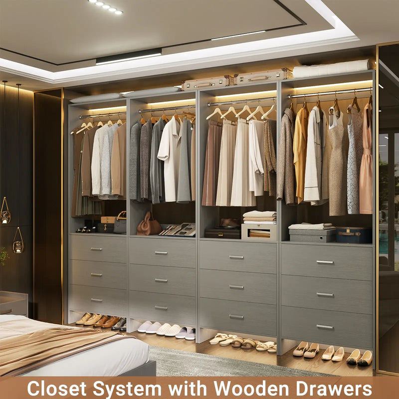 8FT Wooden Walk in Closet Organizer System with 12 Drawers and 4 Hanging Rods