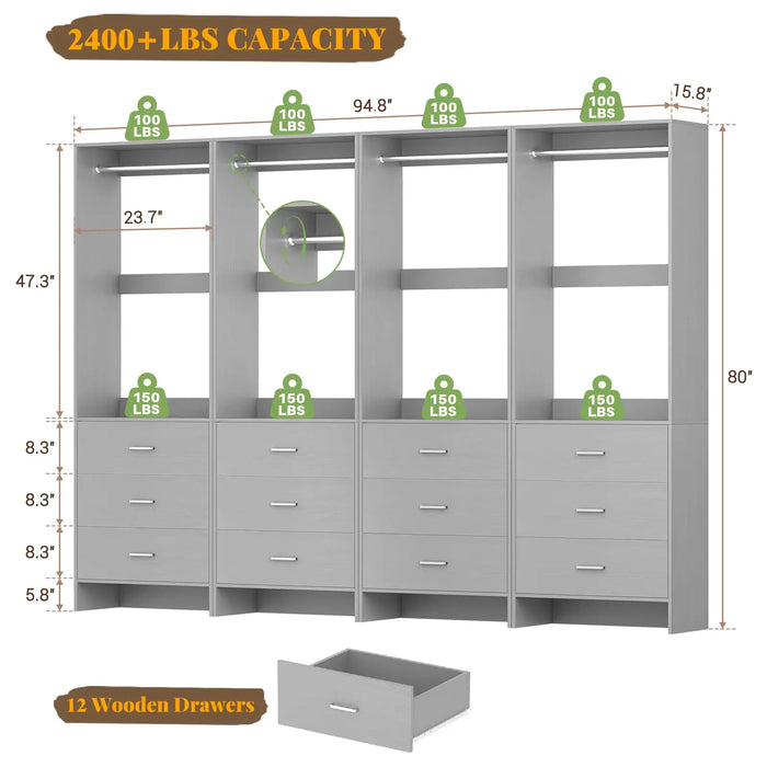 8FT Wooden Walk in Closet Organizer System with 12 Drawers and 4 Hanging Rods