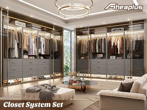 8FT Wooden Walk in Closet Organizer System with 12 Drawers and 4 Hanging Rods