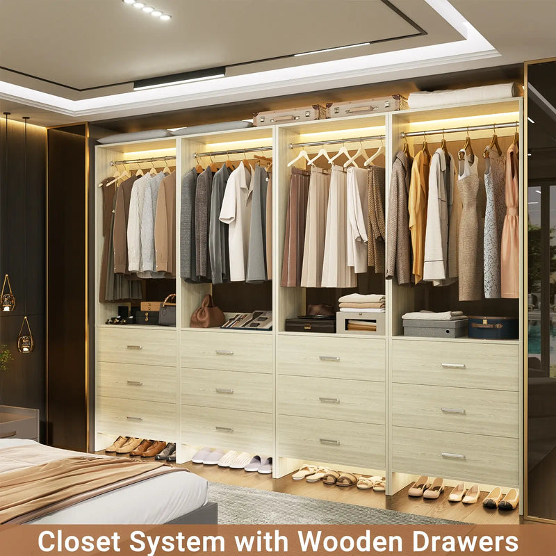 8FT Wooden Walk in Closet Organizer System with 12 Drawers and 4 Hanging Rods