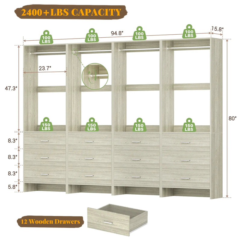 8FT Wooden Walk in Closet Organizer System with 12 Drawers and 4 Hanging Rods