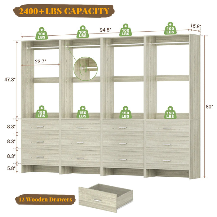 8FT Wooden Walk in Closet Organizer System with 12 Drawers and 4 Hanging Rods