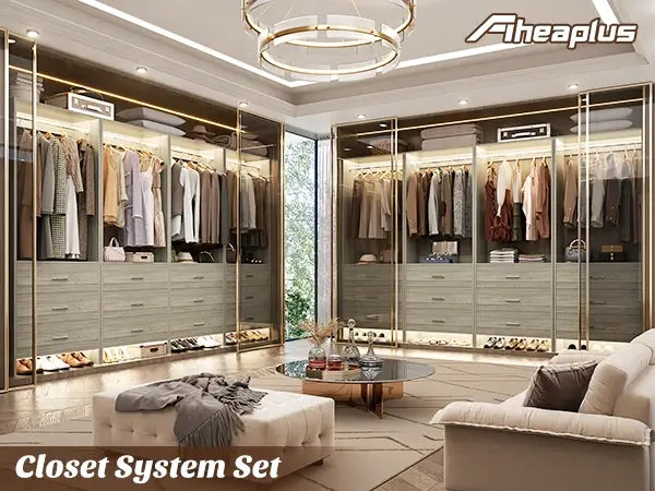 8FT Wooden Walk in Closet Organizer System with 12 Drawers and 4 Hanging Rods