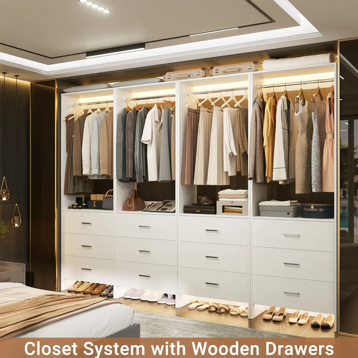 8FT Wooden Walk in Closet Organizer System with 12 Drawers and 4 Hanging Rods