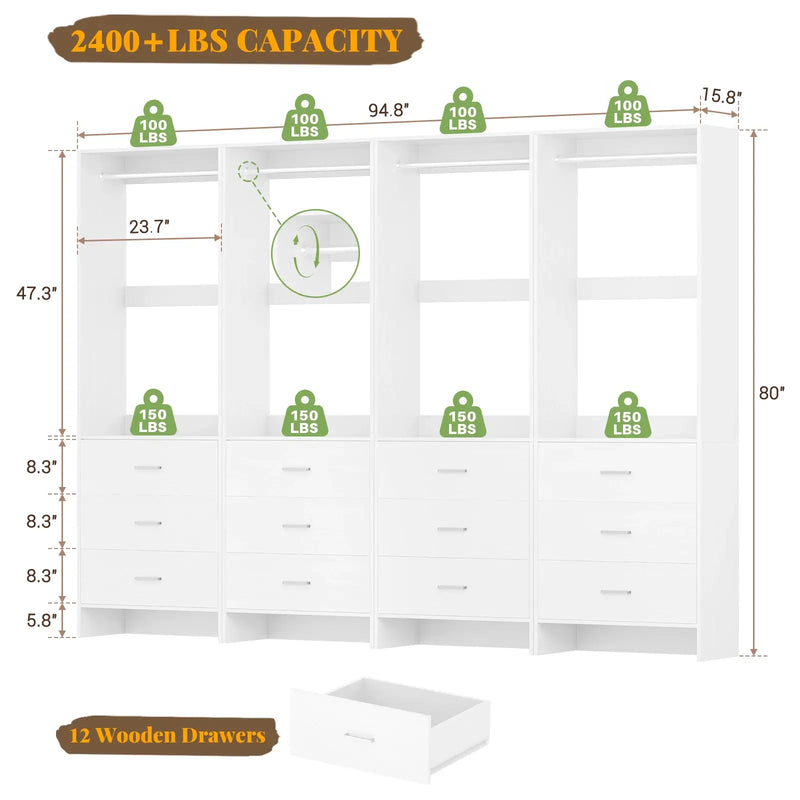8FT Wooden Walk in Closet Organizer System with 12 Drawers and 4 Hanging Rods