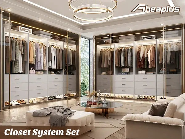 8FT Wooden Walk in Closet Organizer System with 12 Drawers and 4 Hanging Rods