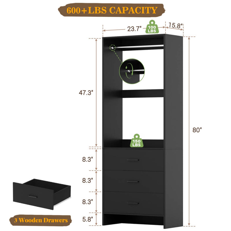24'' Closet System with 3 Wooden Drawers & 1 Hanging Rod