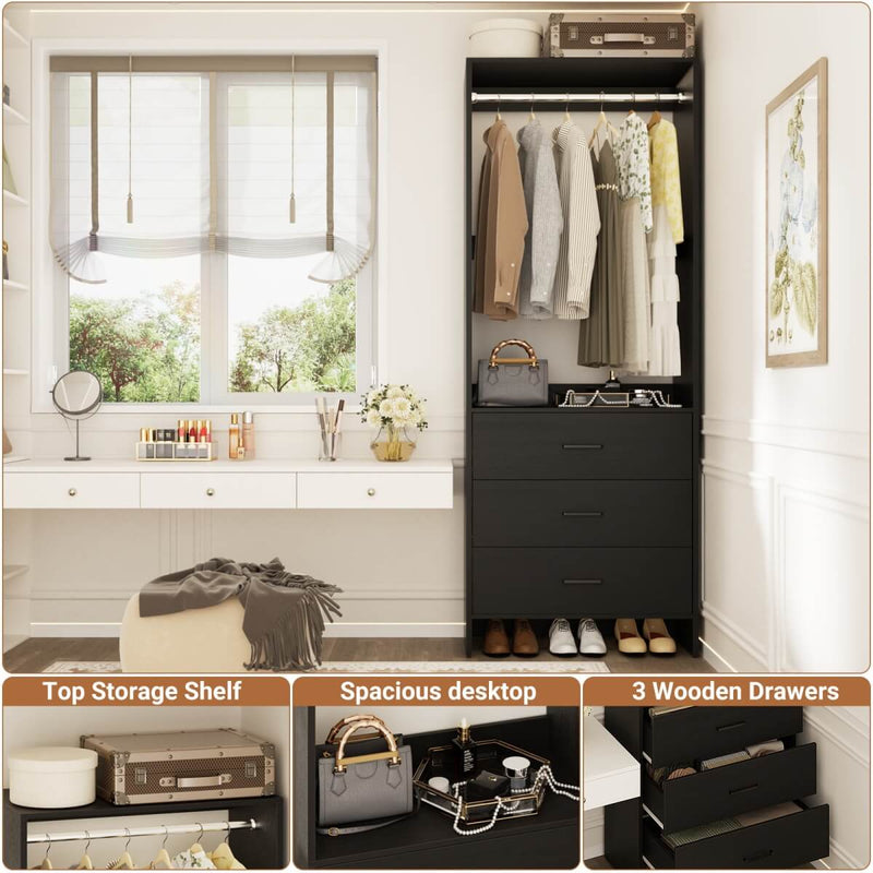 24'' Closet System with 3 Wooden Drawers & 1 Hanging Rod