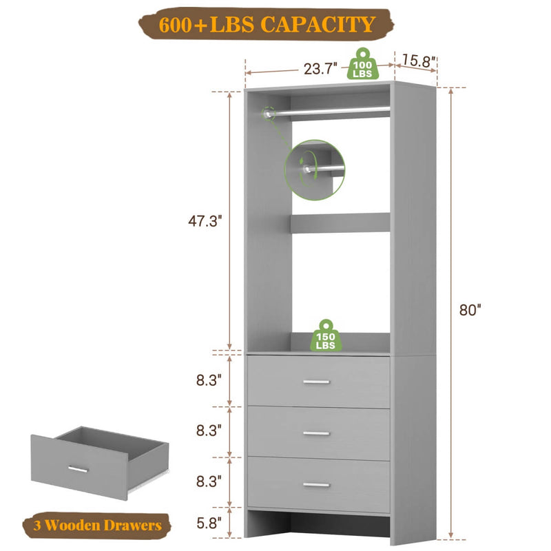 24'' Closet System with 3 Wooden Drawers & 1 Hanging Rod