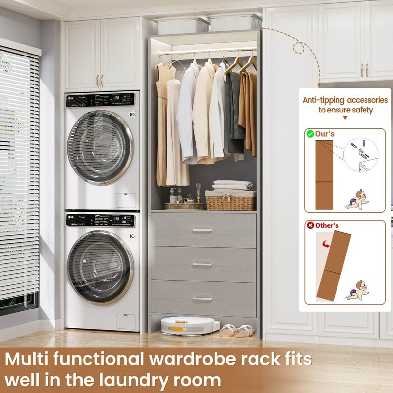 24'' Closet System with 3 Wooden Drawers & 1 Hanging Rod