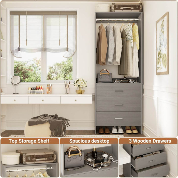 24'' Closet System with 3 Wooden Drawers & 1 Hanging Rod