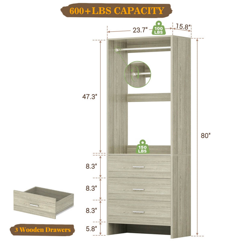 24'' Closet System with 3 Wooden Drawers & 1 Hanging Rod