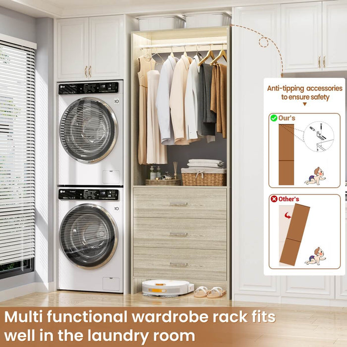 24'' Closet System with 3 Wooden Drawers & 1 Hanging Rod