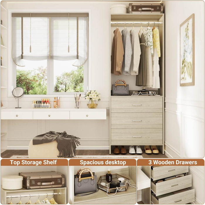 24'' Closet System with 3 Wooden Drawers & 1 Hanging Rod