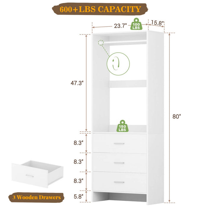 24'' Closet System with 3 Wooden Drawers & 1 Hanging Rod