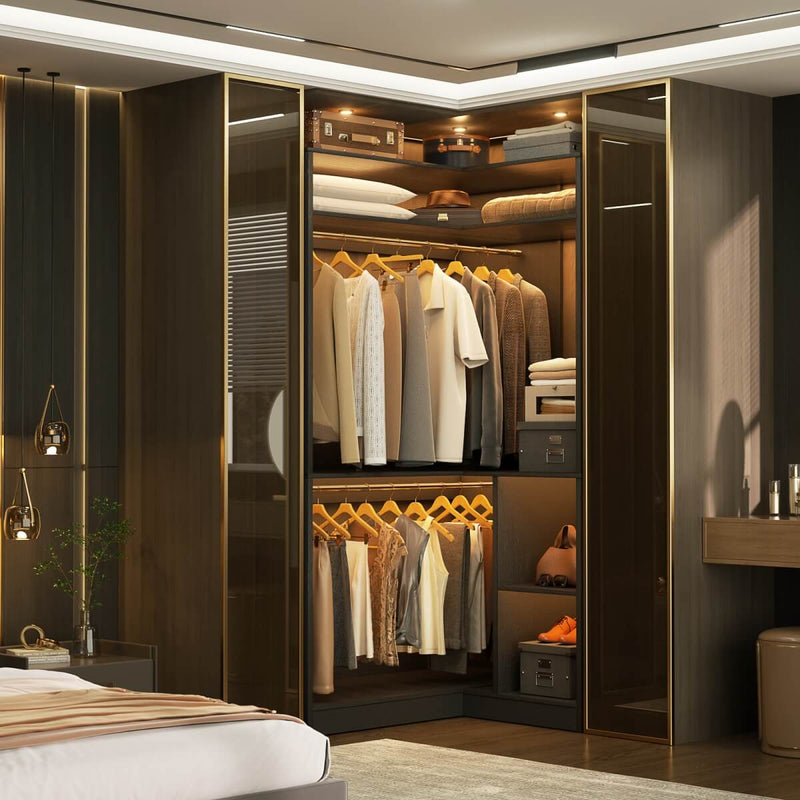 34'' Freestanding Corner Closet System with 2 Hanging Rods & Open Storage Shelves