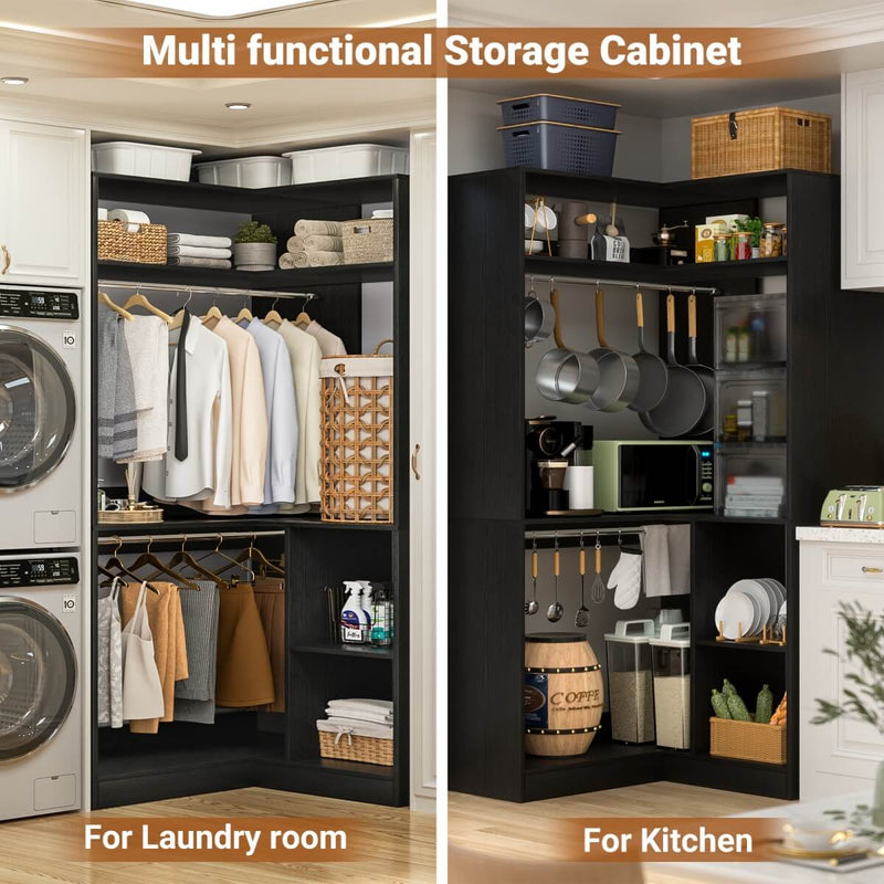 34'' Freestanding Corner Closet System with 2 Hanging Rods & Open Storage Shelves