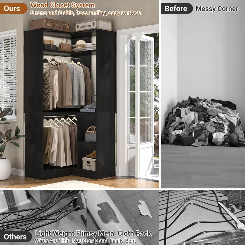 34'' Freestanding Corner Closet System with 2 Hanging Rods & Open Storage Shelves