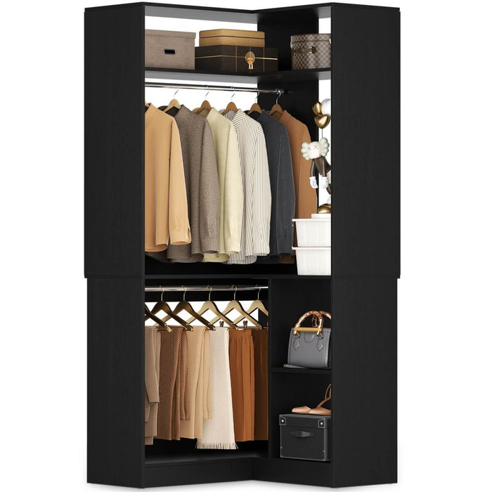 34'' Freestanding Corner Closet System with 2 Hanging Rods & Open Storage Shelves