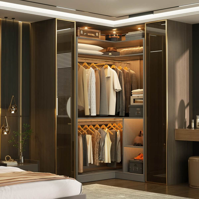 34'' Freestanding Corner Closet System with 2 Hanging Rods & Open Storage Shelves