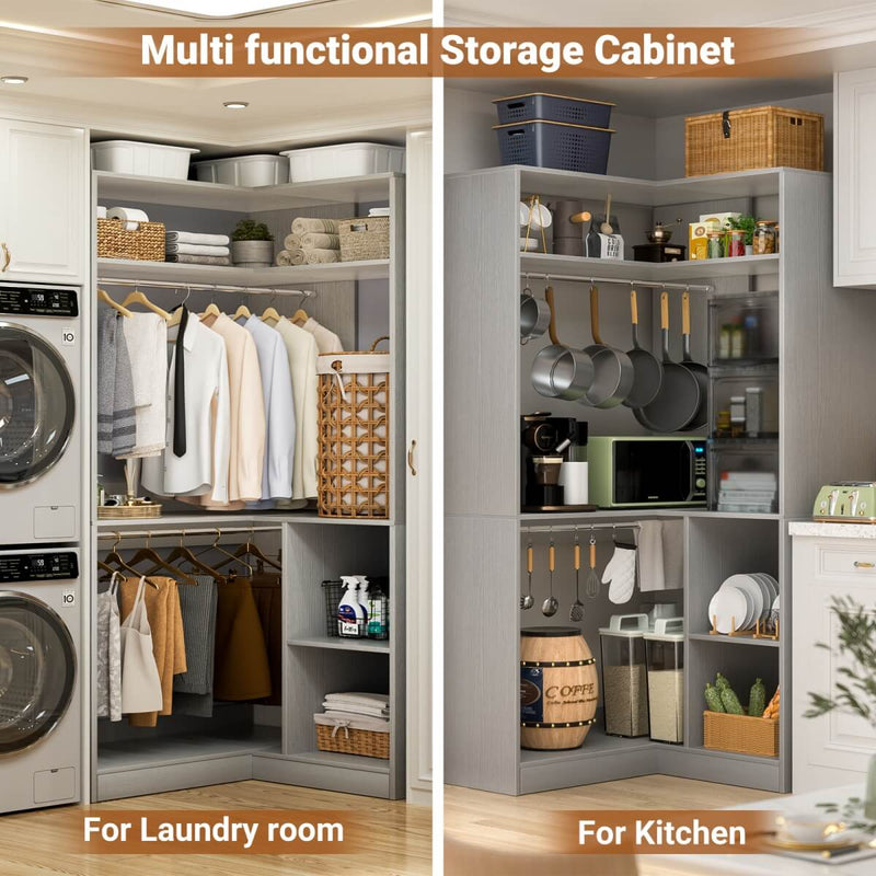 34'' Freestanding Corner Closet System with 2 Hanging Rods & Open Storage Shelves