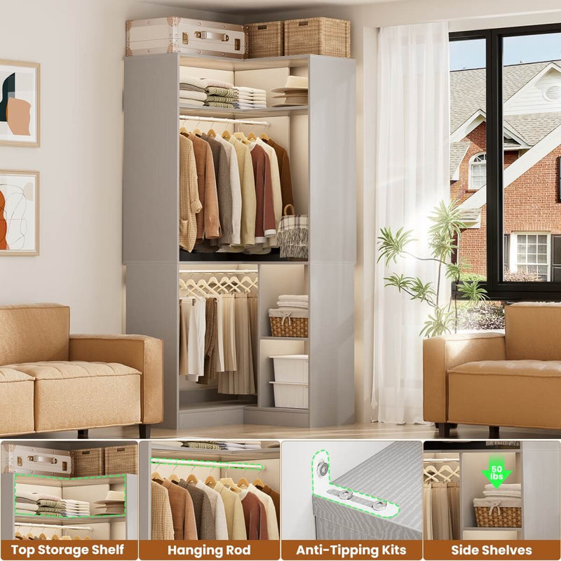 34'' Freestanding Corner Closet System with 2 Hanging Rods & Open Storage Shelves