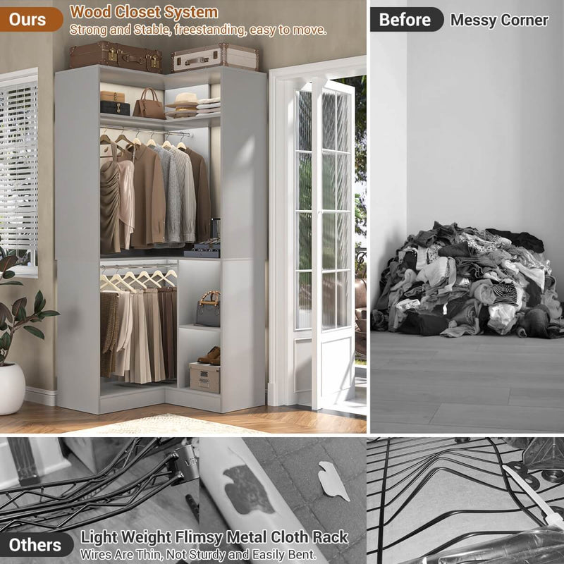 34'' Freestanding Corner Closet System with 2 Hanging Rods & Open Storage Shelves