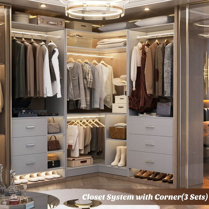 34'' Freestanding Corner Closet System with 2 Hanging Rods & Open Storage Shelves