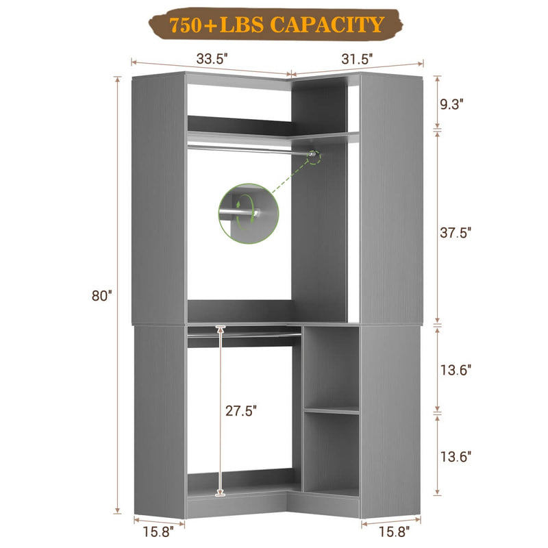 34'' Freestanding Corner Closet System with 2 Hanging Rods & Open Storage Shelves