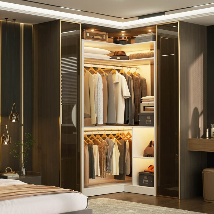 34'' Freestanding Corner Closet System with 2 Hanging Rods & Open Storage Shelves