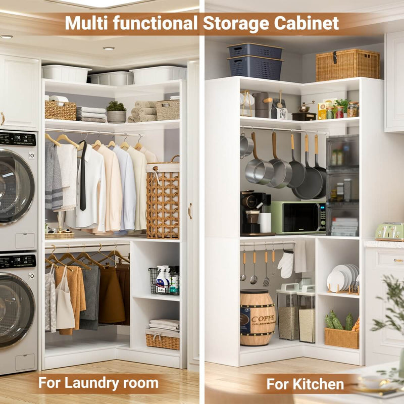 34'' Freestanding Corner Closet System with 2 Hanging Rods & Open Storage Shelves