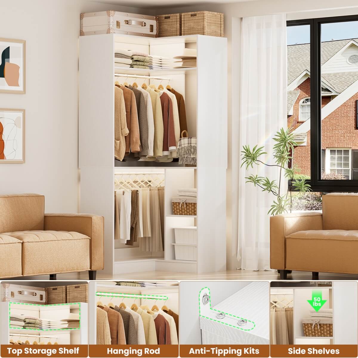Aheaplus 34'' Corner Closet System with 2 Hanging Rods & Open